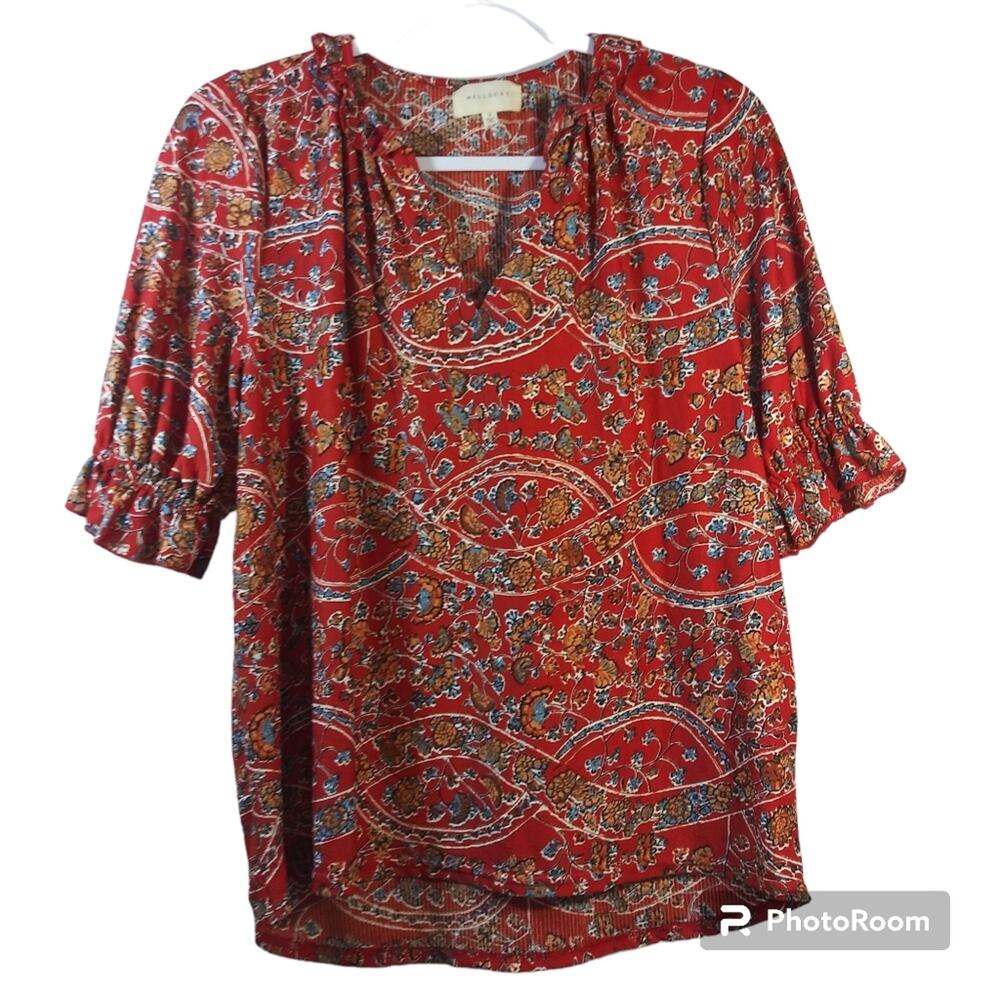 Melloday Red Paisley Boho Blouse Top Size Small